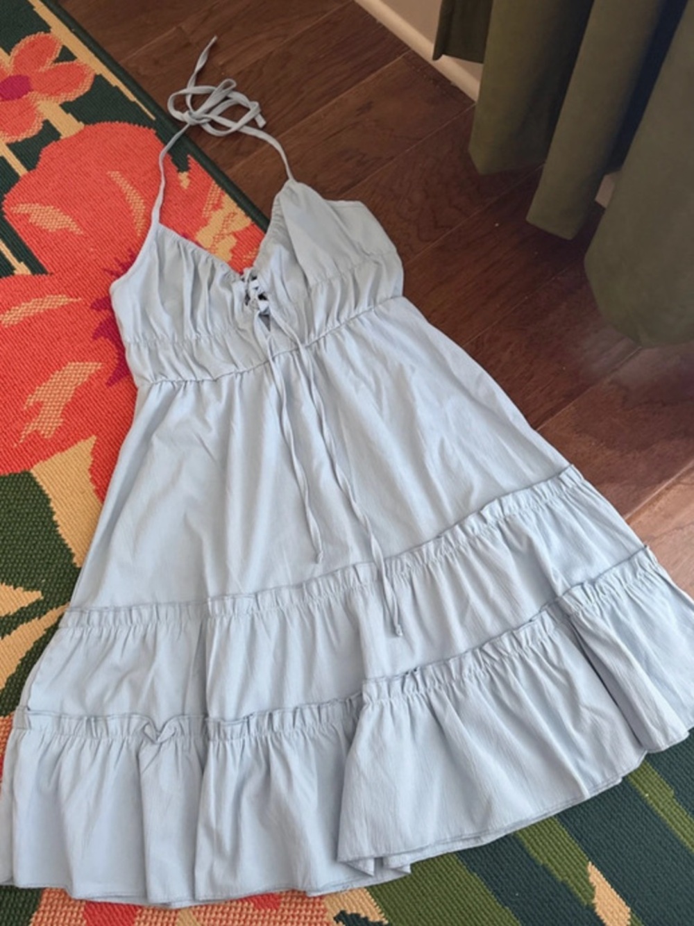 SHEIN Light Blue Backless Tiered Halter Dress